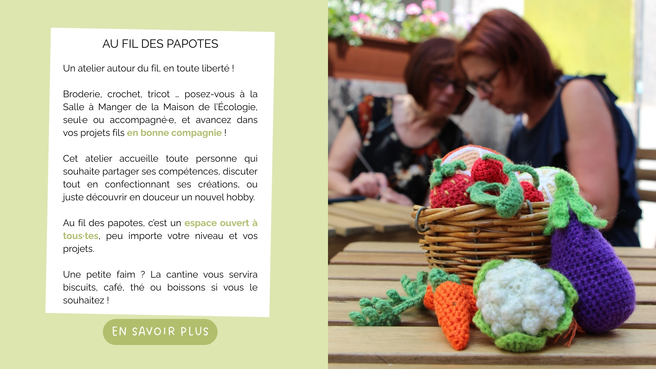 Au fil des papotes, l'atelier libre de créations autour du fil. Tous les jeudis, de 14h à 16h30.